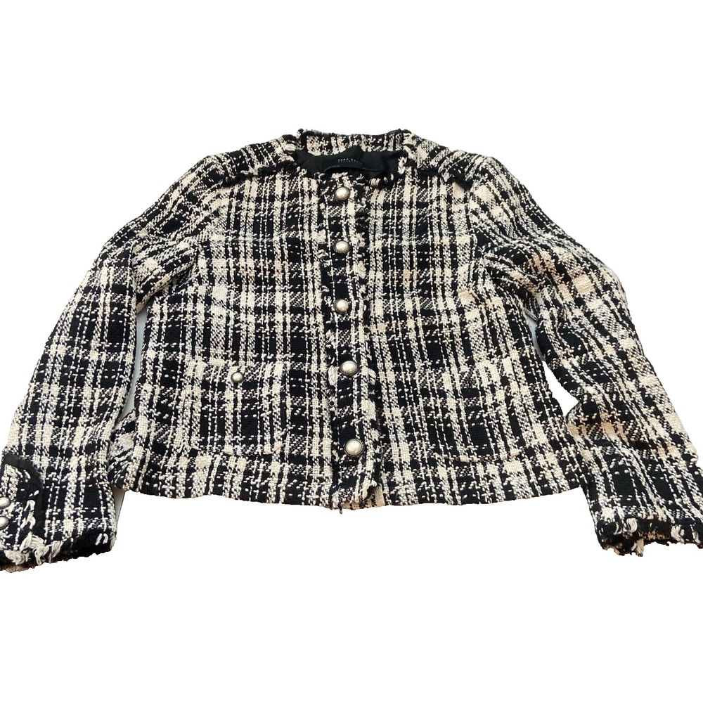 Zara Basic Collection Women Multicolor Plaid Tweed Button Sweater Jacket Medium